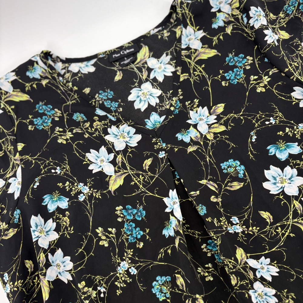 Nue Options Black Floral Print V Neck Cap Sleeve Blouse Top Womens L Sheer Flowy